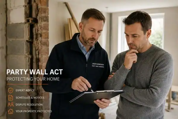 Party wall surveyor Lowestoft discussing extension plans with homeowner outside a UK semi-detached house.